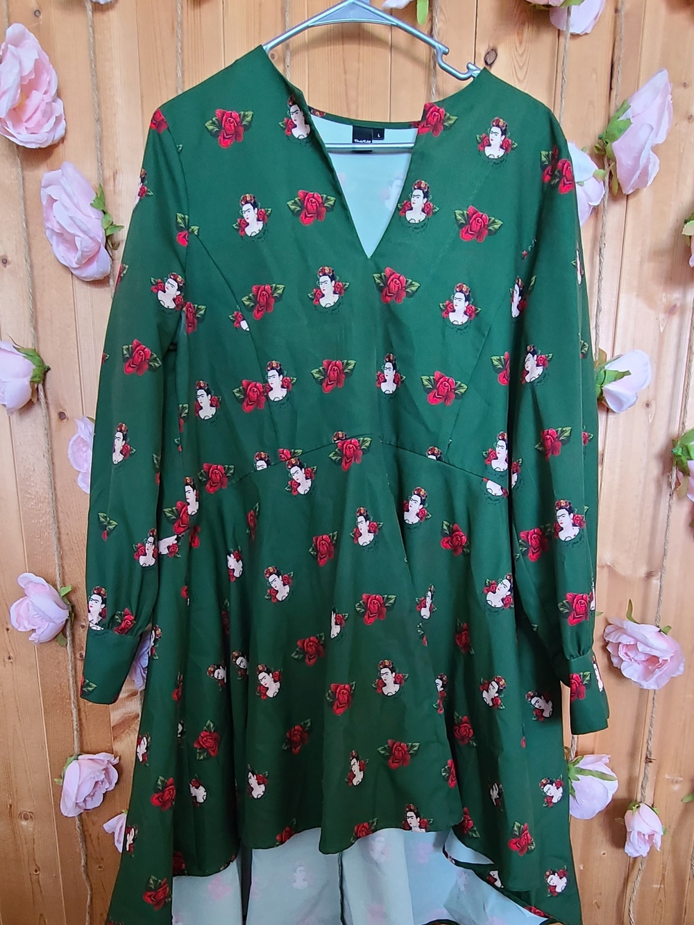 Green Frida Kahlo Floral Rose Print Tunic Dress